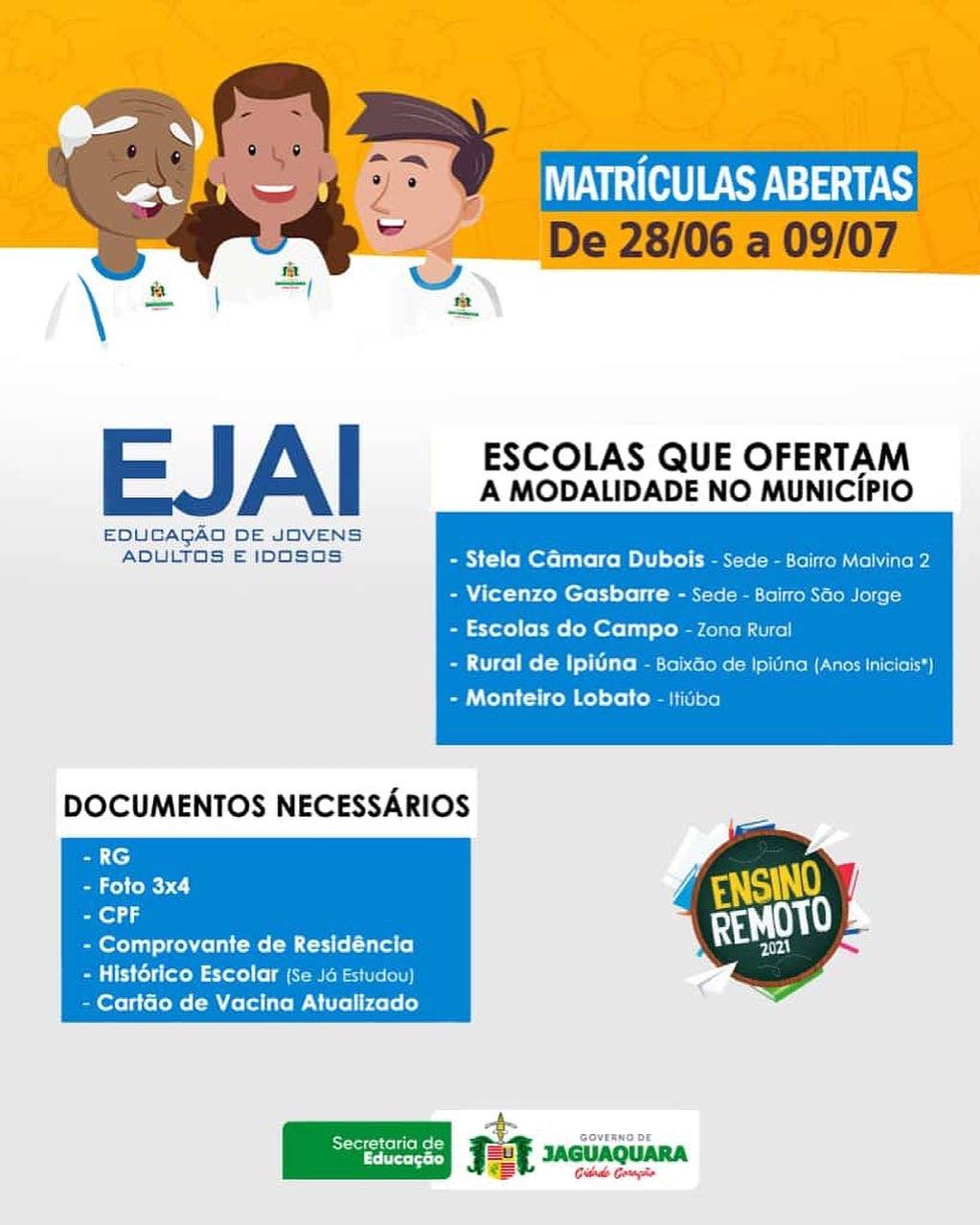 Matrículas para a Educação de Jovens, Adultos e Idosos (EJAI) 